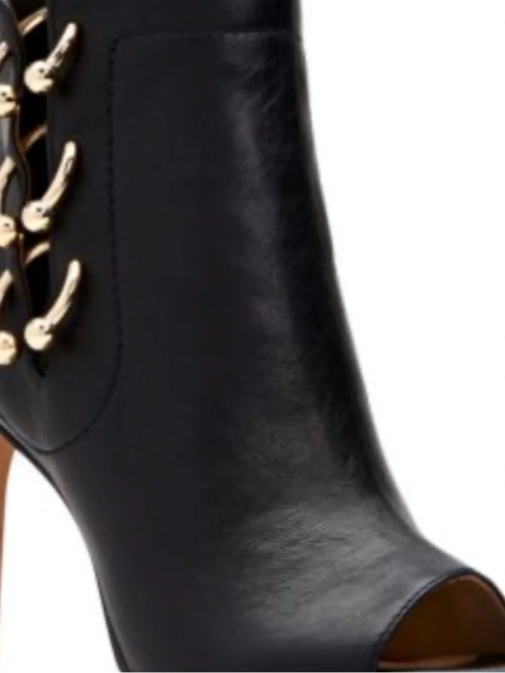 Katy Perry Black Leather Peep-Toe Ankle Boots with Gold Ring detail Sz 10
